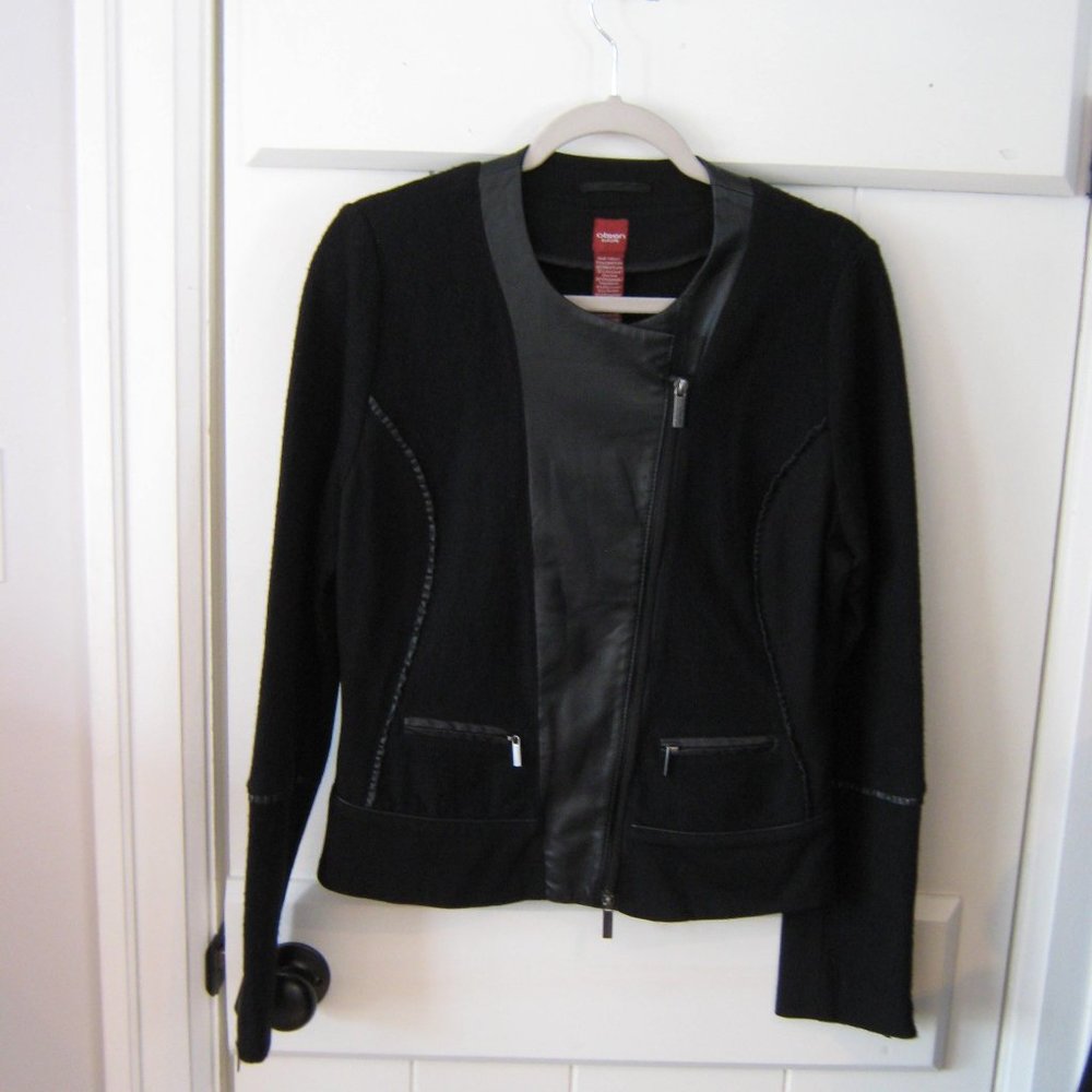 Black Wool Olsen Jacket with Faux Leather Details
